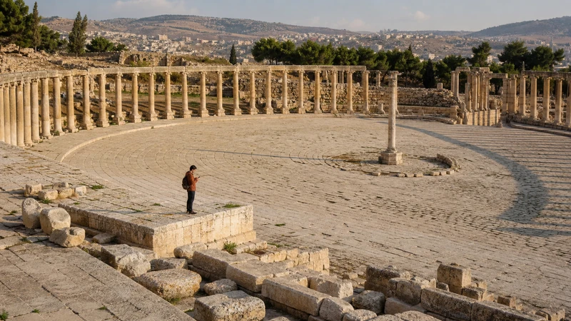 Traveller using a smartphone in Jordan for mobile internet in jerash: esim and remote travel