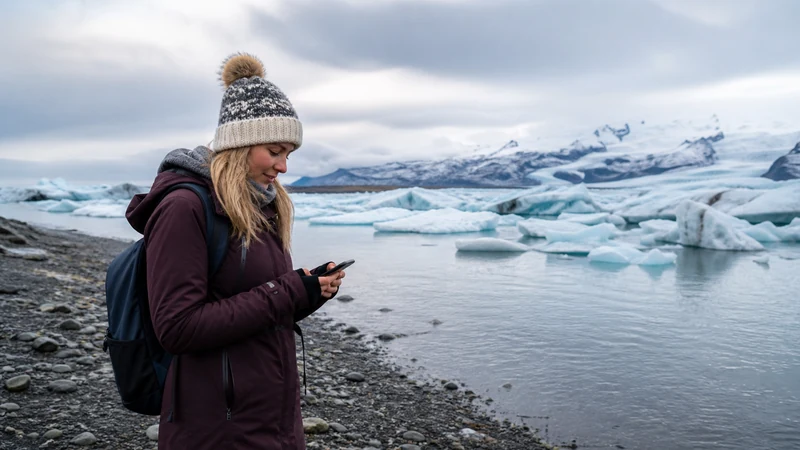 Traveller using a smartphone in Jökulsárlón
