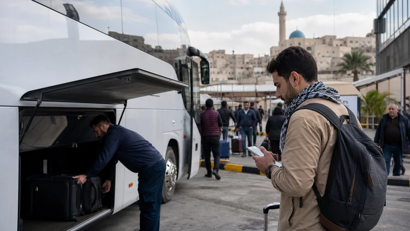 Traveller using a smartphone in Jordan for jordan bus and coach travel internet: esim and offline guide