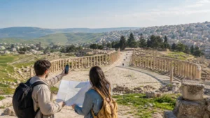 Traveller using a smartphone in Jordan for jordan esim coverage: what tourists can expect by route