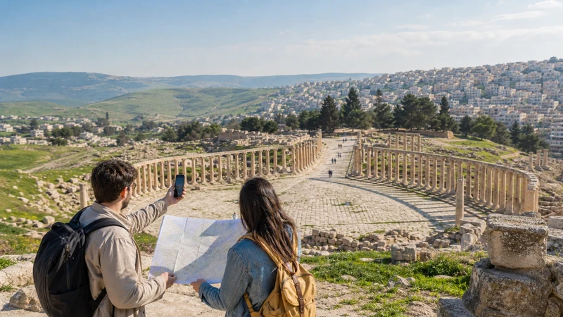 Traveller using a smartphone in Jordan for jordan esim coverage: what tourists can expect by route