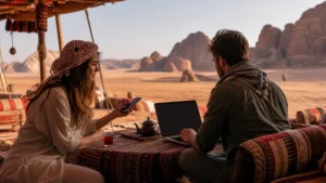 Traveller using a smartphone in Jordan for jordan esim hotspot: tethering and data planning
