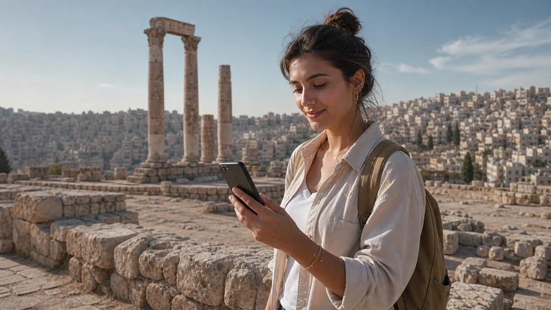 Traveller using a smartphone in Jordan for jordan esim on iphone: installation and data settings