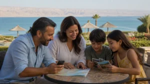 Traveller using a smartphone in Jordan for jordan family travel internet: data and safety planning