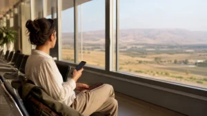 Traveller using a smartphone in Jordan for jordan–israel border mobile internet and esim guide