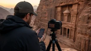 Traveller using a smartphone in Jordan for jordan photography trip internet: data and backup