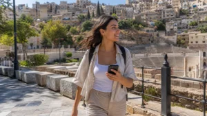 Traveller using a smartphone in Jordan for jordan short-trip mobile data: weekend esim guide