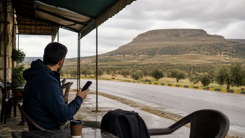 Traveller using a smartphone in Jordan for jordan–syria border mobile internet and esim guide