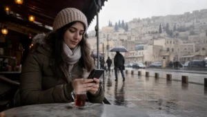 Traveller using a smartphone in Jordan for jordan winter travel internet: seasonal esim guide