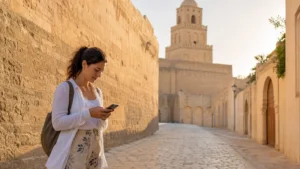 Traveller using a smartphone for Kairouan Mobile Internet in Tunisia