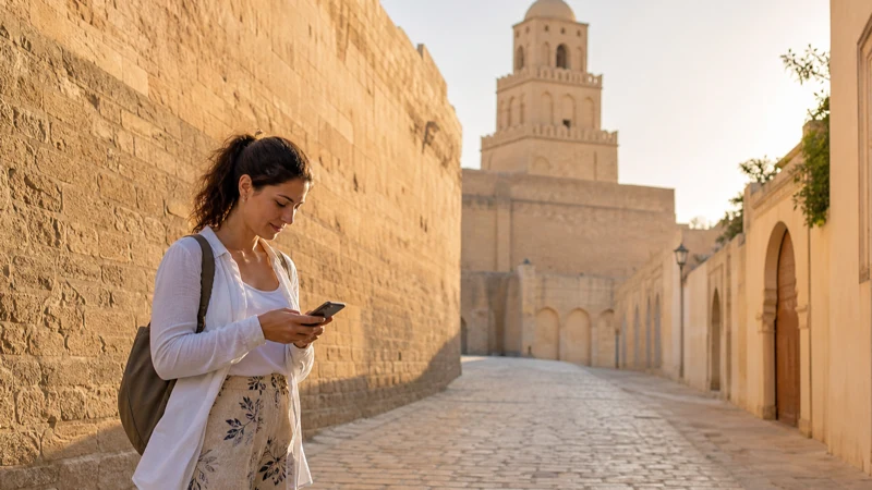 Traveller using a smartphone for Kairouan Mobile Internet in Tunisia