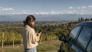 Road-trip traveller checking a smartphone beside a Kakheti vineyard