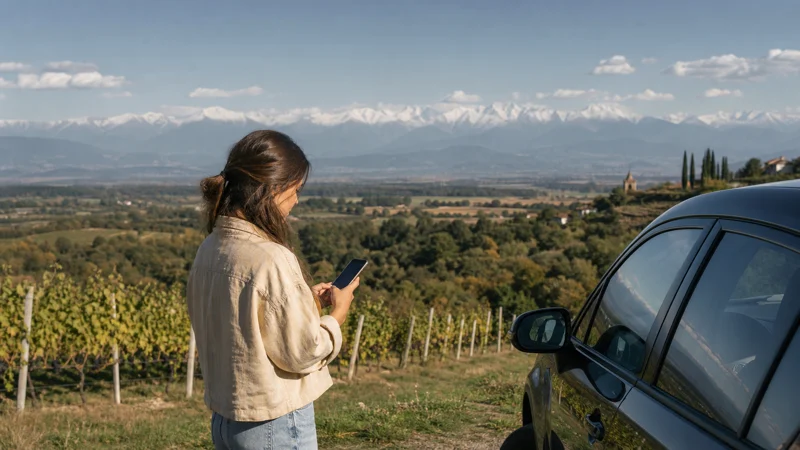 Road-trip traveller checking a smartphone beside a Kakheti vineyard