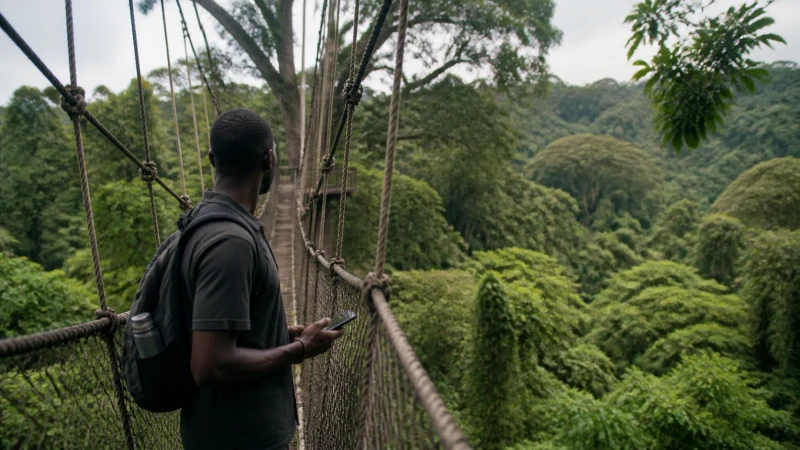 Traveller using a smartphone on the Kakum canopy walkway