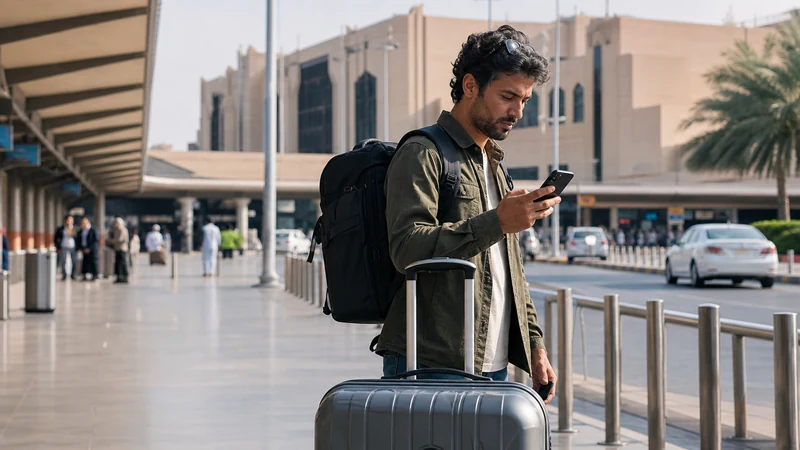 Traveller checking city transfer directions outside Karachi Airport