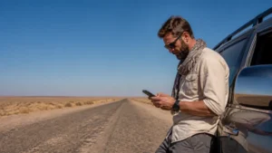 Traveller checking a smartphone on a Karakalpakstan desert road