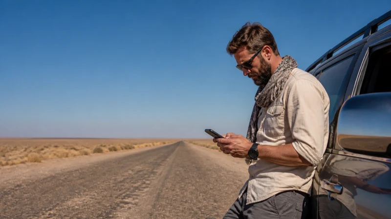 Traveller checking a smartphone on a Karakalpakstan desert road