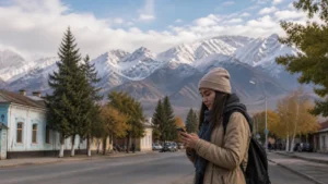 Traveller using a smartphone in Kyrgyzstan for karakol mobile internet