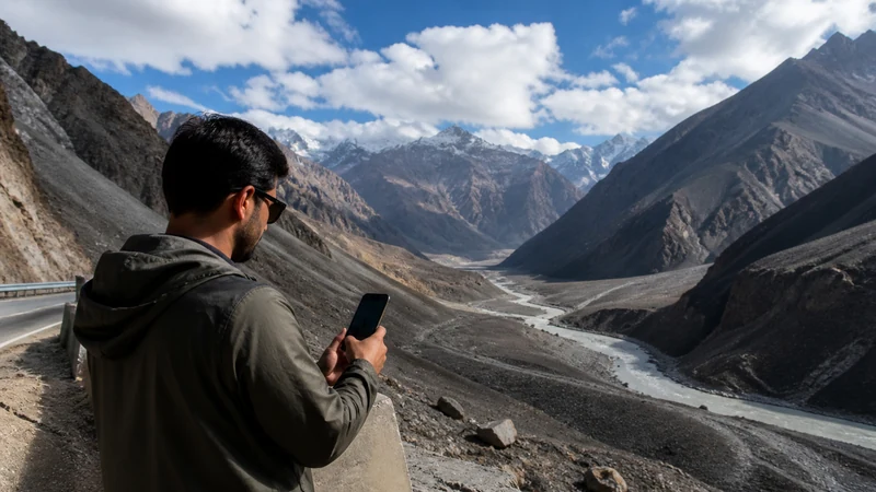 Traveller checking mobile data on the Karakoram Highway