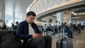 Traveller checking a smartphone carefully in a busy Kazakhstan airport lounge.