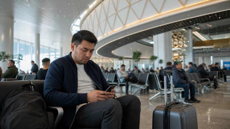 Traveller checking a smartphone carefully in a busy Kazakhstan airport lounge.