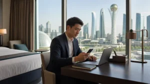 Business traveller working with mobile data in Astana.