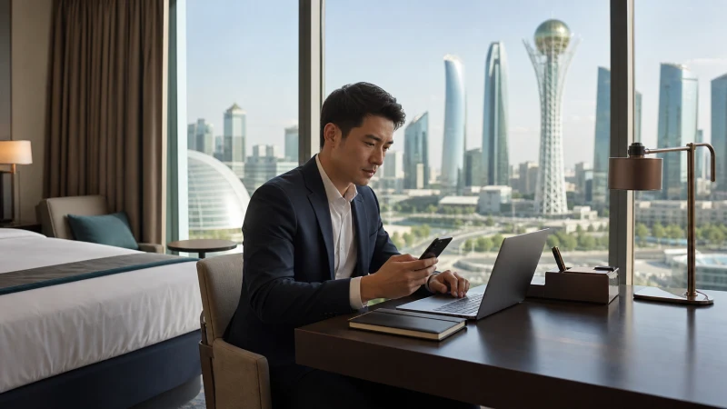 Business traveller working with mobile data in Astana.