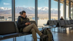 Overland traveller using a smartphone in an eastern Kazakhstan coach terminal.