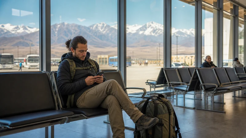 Overland traveller using a smartphone in an eastern Kazakhstan coach terminal.