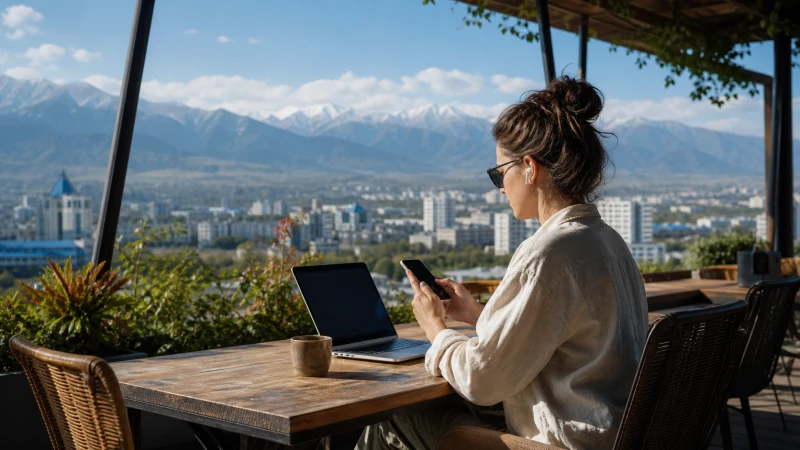 Digital nomad using a smartphone on an Almaty coworking terrace.