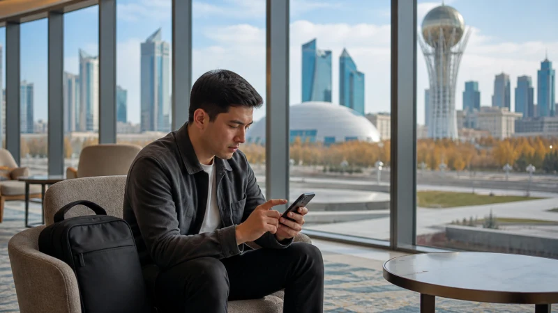 Android user configuring a Kazakhstan eSIM in an Almaty café.