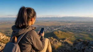Traveller checking Kazakhstan route coverage beside a mountain road.