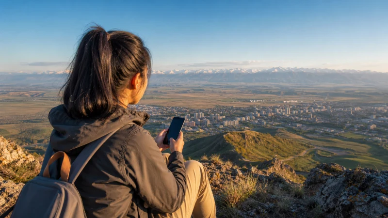Traveller checking Kazakhstan route coverage beside a mountain road.