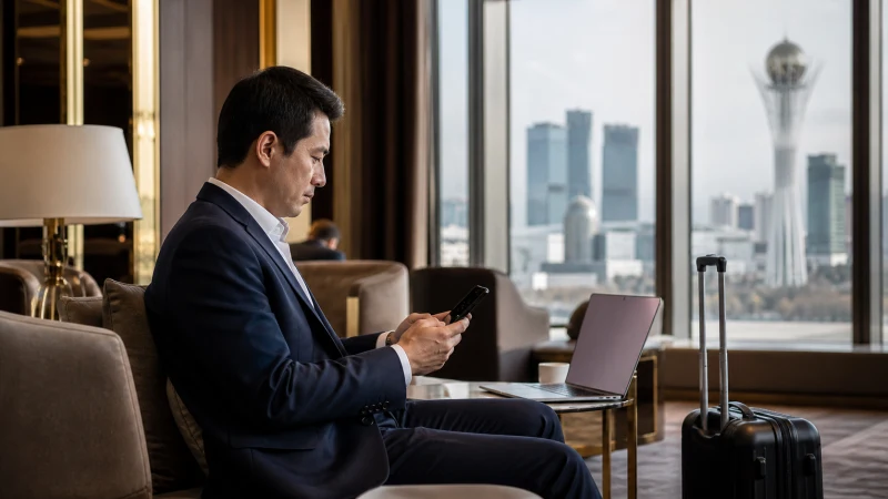 Business traveller checking dual-SIM settings in Astana.