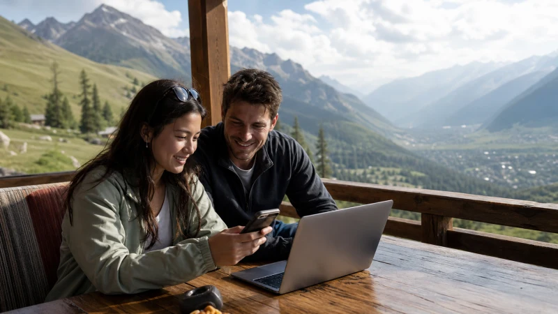 Travellers sharing mobile data at a Kazakhstan mountain lodge.