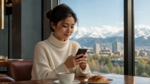 iPhone user reviewing Kazakhstan eSIM mobile-data settings in Astana.