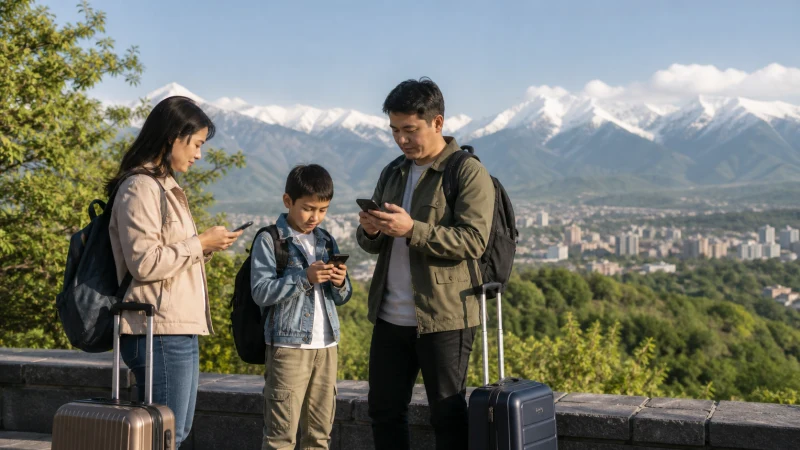 Family travellers coordinating their journey from an Almaty viewpoint.