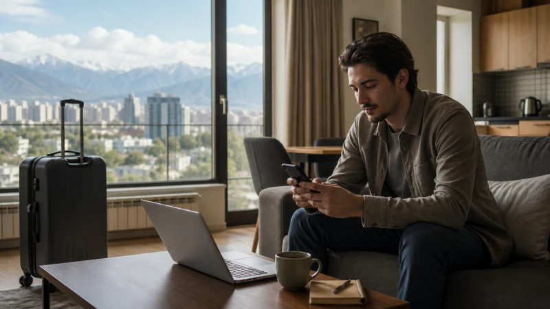 Long-stay traveller working in an Almaty apartment.
