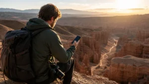 Travel photographer checking a smartphone at Charyn Canyon.
