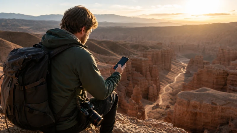 Travel photographer checking a smartphone at Charyn Canyon.