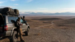 Prepared remote traveller checking a smartphone beside a four-wheel-drive vehicle.
