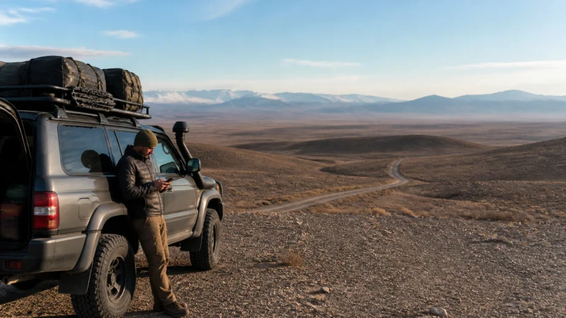 Prepared remote traveller checking a smartphone beside a four-wheel-drive vehicle.