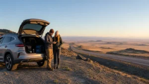Road travellers checking a smartphone beside a vehicle in the Kazakhstan steppe.