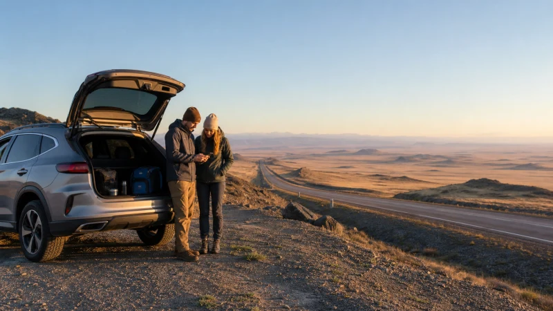 Road travellers checking a smartphone beside a vehicle in the Kazakhstan steppe.