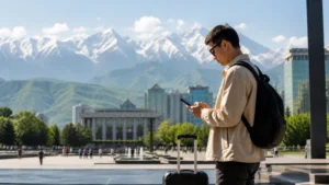 Weekend traveller using a smartphone in Almaty.