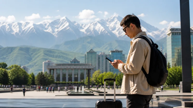 Weekend traveller using a smartphone in Almaty.