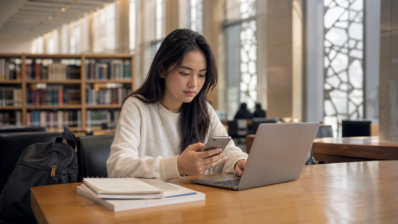 International student using mobile data in a Kazakhstan university library.