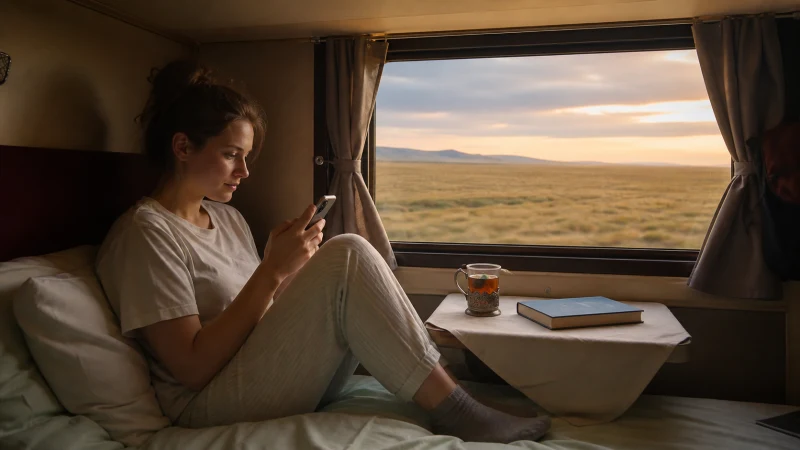 Passenger using a smartphone in a Kazakhstan sleeper train compartment.