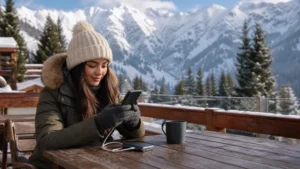 Winter traveller using a smartphone at a Kazakhstan mountain resort.