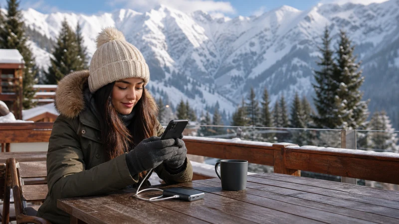 Winter traveller using a smartphone at a Kazakhstan mountain resort.